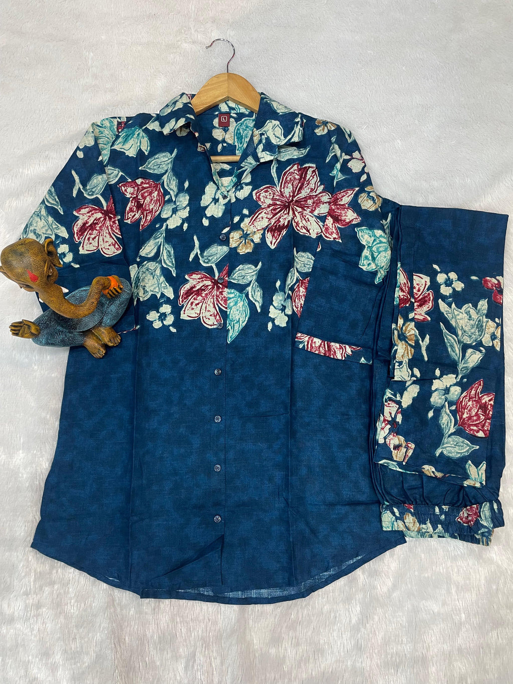 Woman's Designer Teal Blue Pure Cotton Printed Co-Ord Set