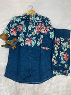 Woman's Designer Teal Blue Pure Cotton Printed Co-Ord Set
