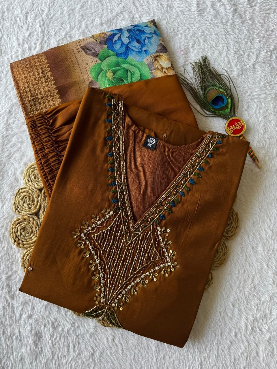 Very Attractive Brown Hand Embroidered Mul Chanderi Ethnic Suit Set