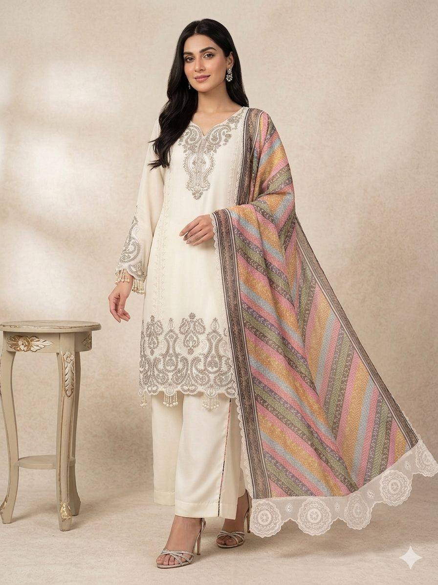 Elegant Star Georgette Embroidered Salwar Suit with Multicolor Chevron Dupatta