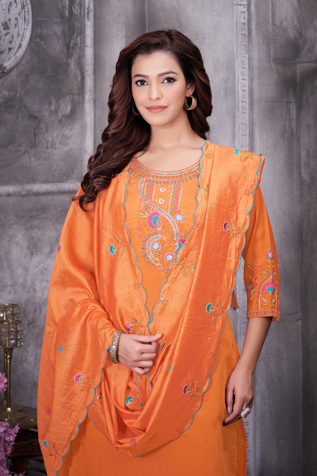 Designer Roman Silk Ethnic Suit Set with Embroidered Dupatta