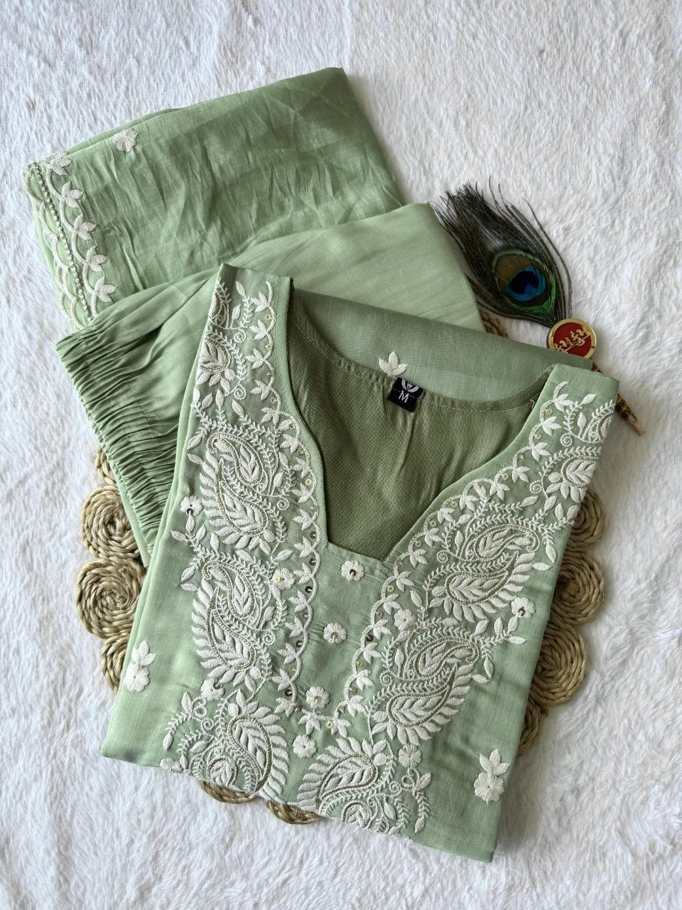 Pista Green Pure Mul Chanderi Embroidered A-Line Suit Set with Dupatta