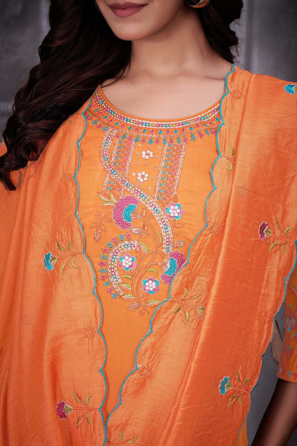 Designer Roman Silk Ethnic Suit Set with Embroidered Dupatta