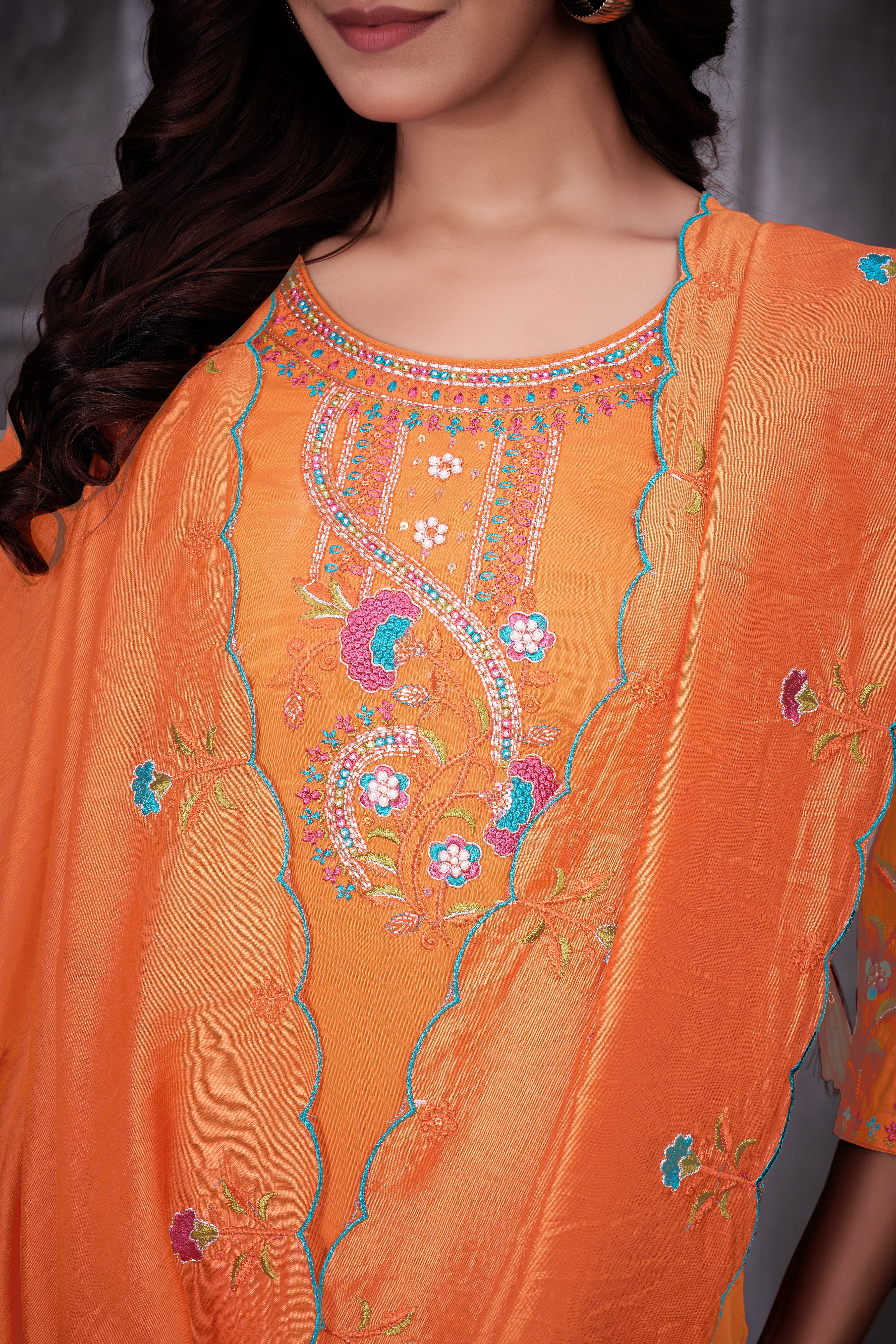 Designer Roman Silk Ethnic Suit Set with Embroidered Dupatta