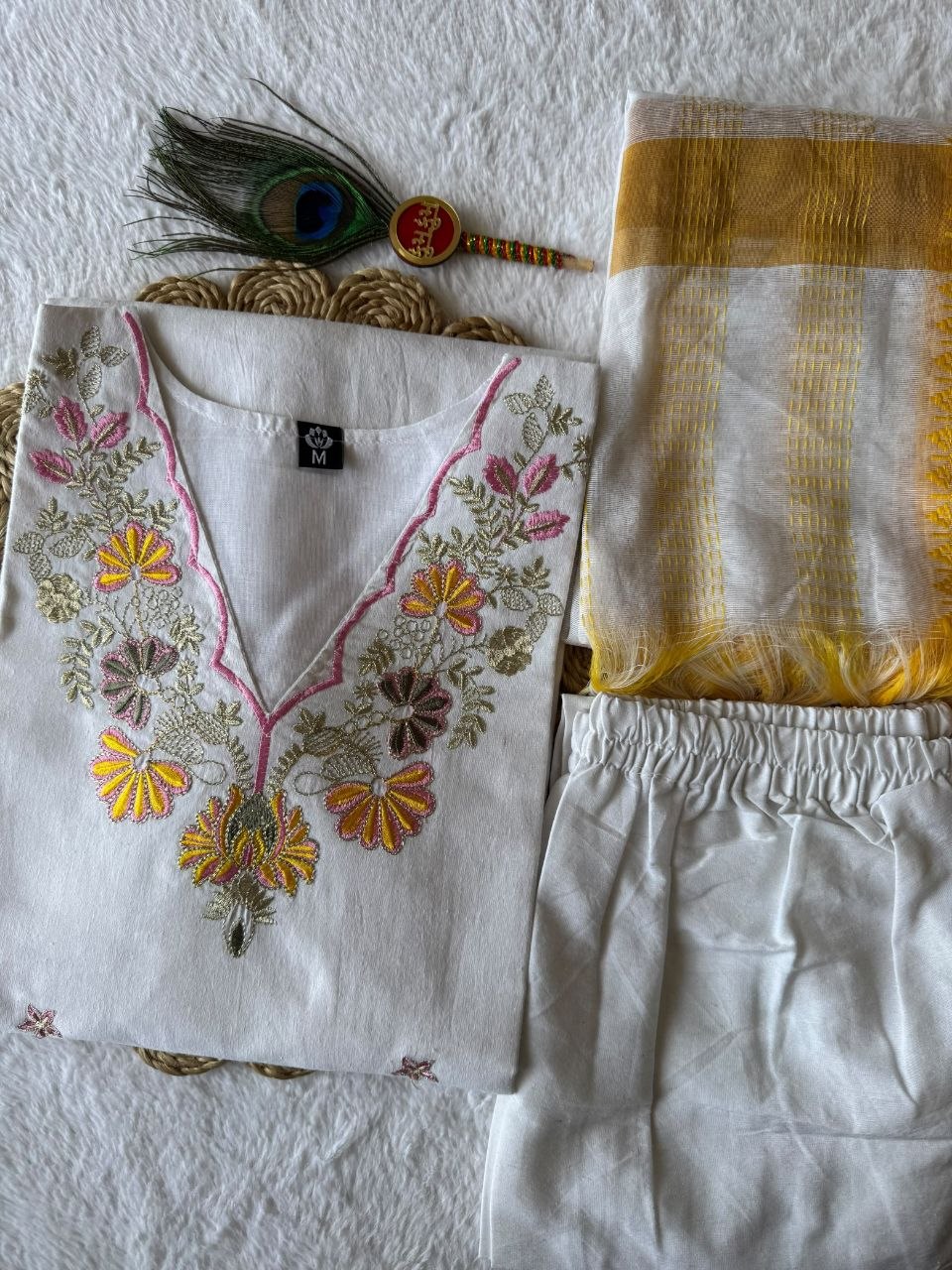 Pure Khadi Cotton Multi-Thread Embroidered Kurta Pant Set with Dupatta