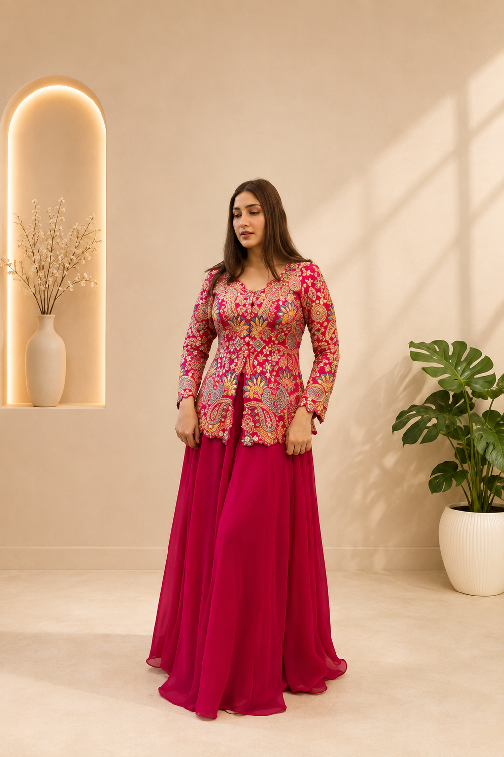 Festive Designer Rani Pink Georgette Indo-Western Set