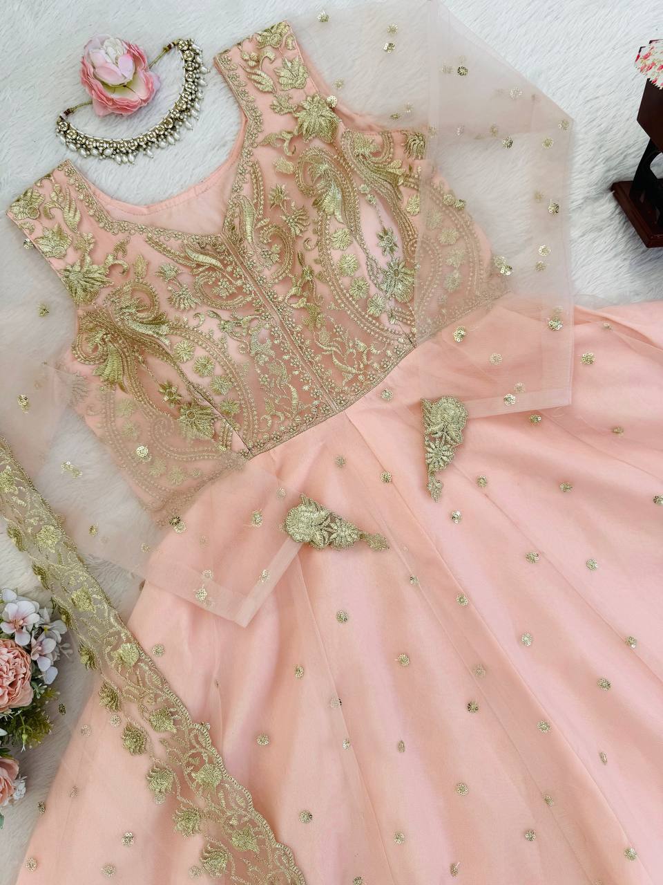Peach Faux Georgette Thread and Sequence Anarkali Suit Set