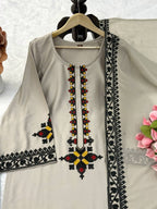 Elegant Beige Rayon Satin Thread Work Kurta Palazzo Set