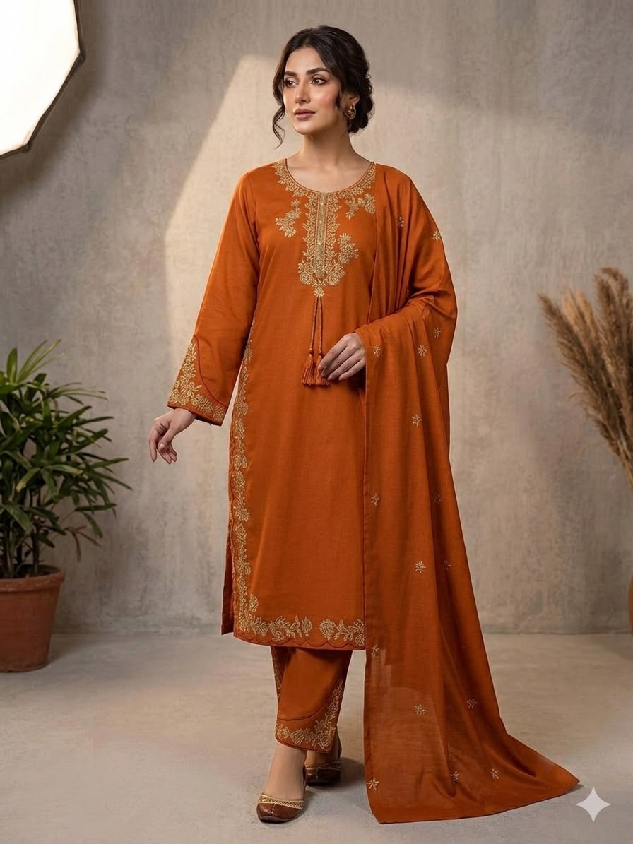 Elegant Orange Embroidered Roman Silk Suit Set with Dupatta