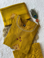 Festive Mustard Pure Cotton Suit Set with Floral Mirror Hand Work