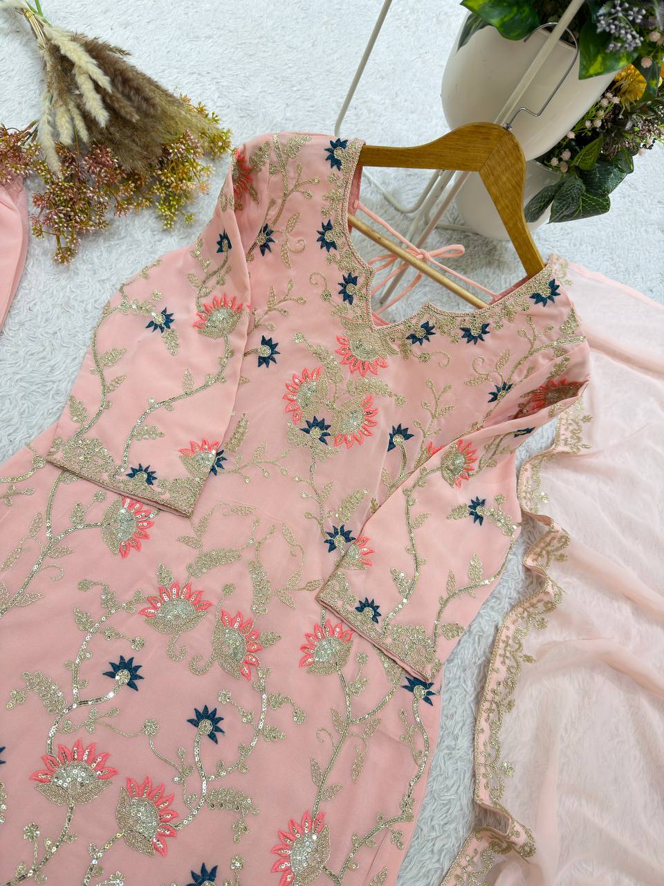 Premium Designer Pink Georgette Embroidery Suit Set