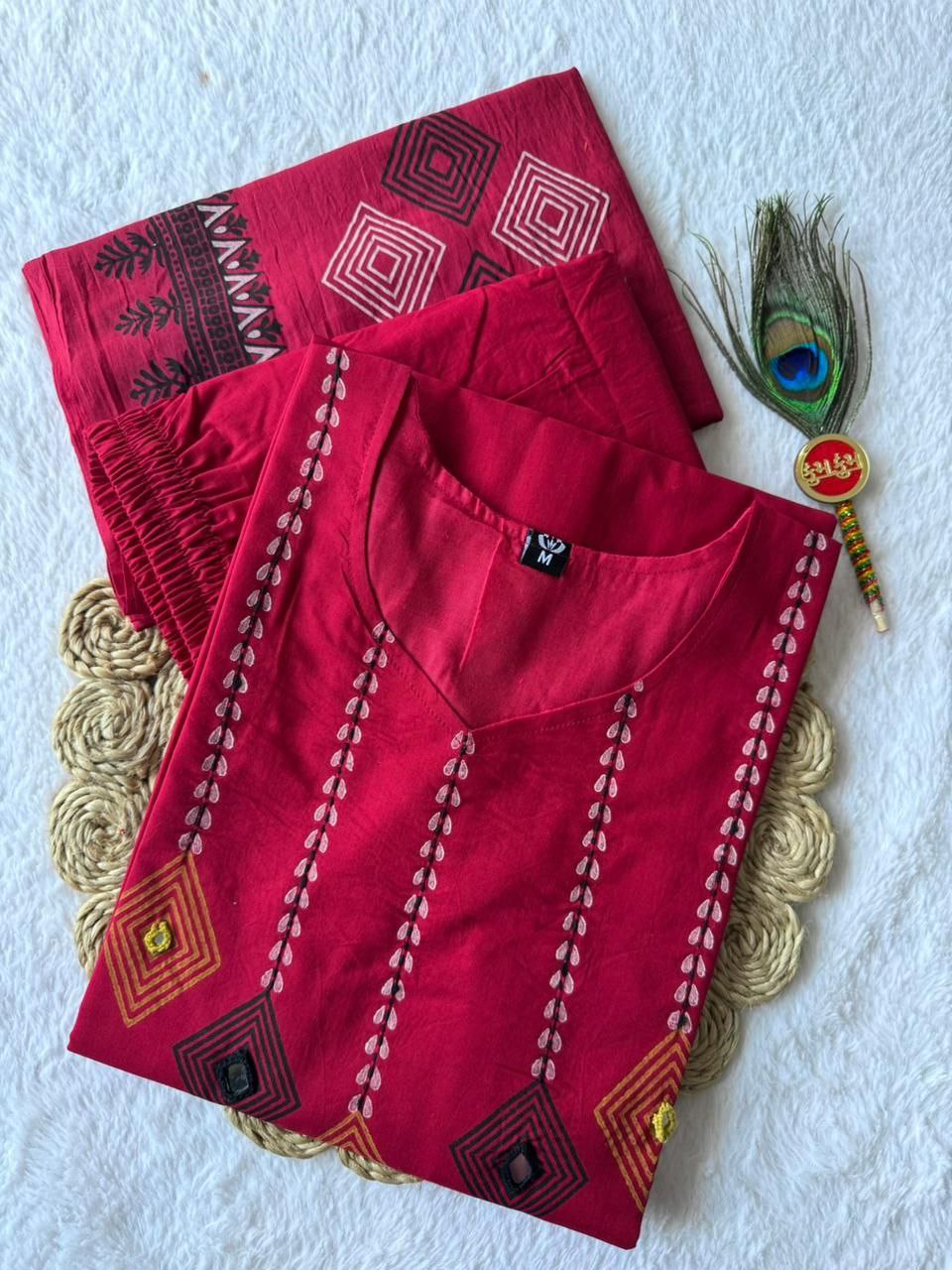 Attractive Rani Pink Pure Cotton Ethnic Suit Set with Hand Block Print Work
