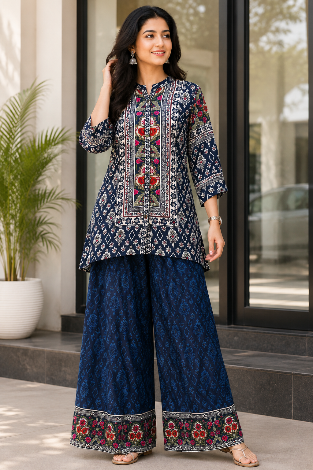 Woman's Ethnic Blue Printed Natural Crepe Co-Ord Set