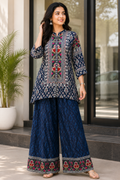 Woman's Ethnic Blue Printed Natural Crepe Co-Ord Set