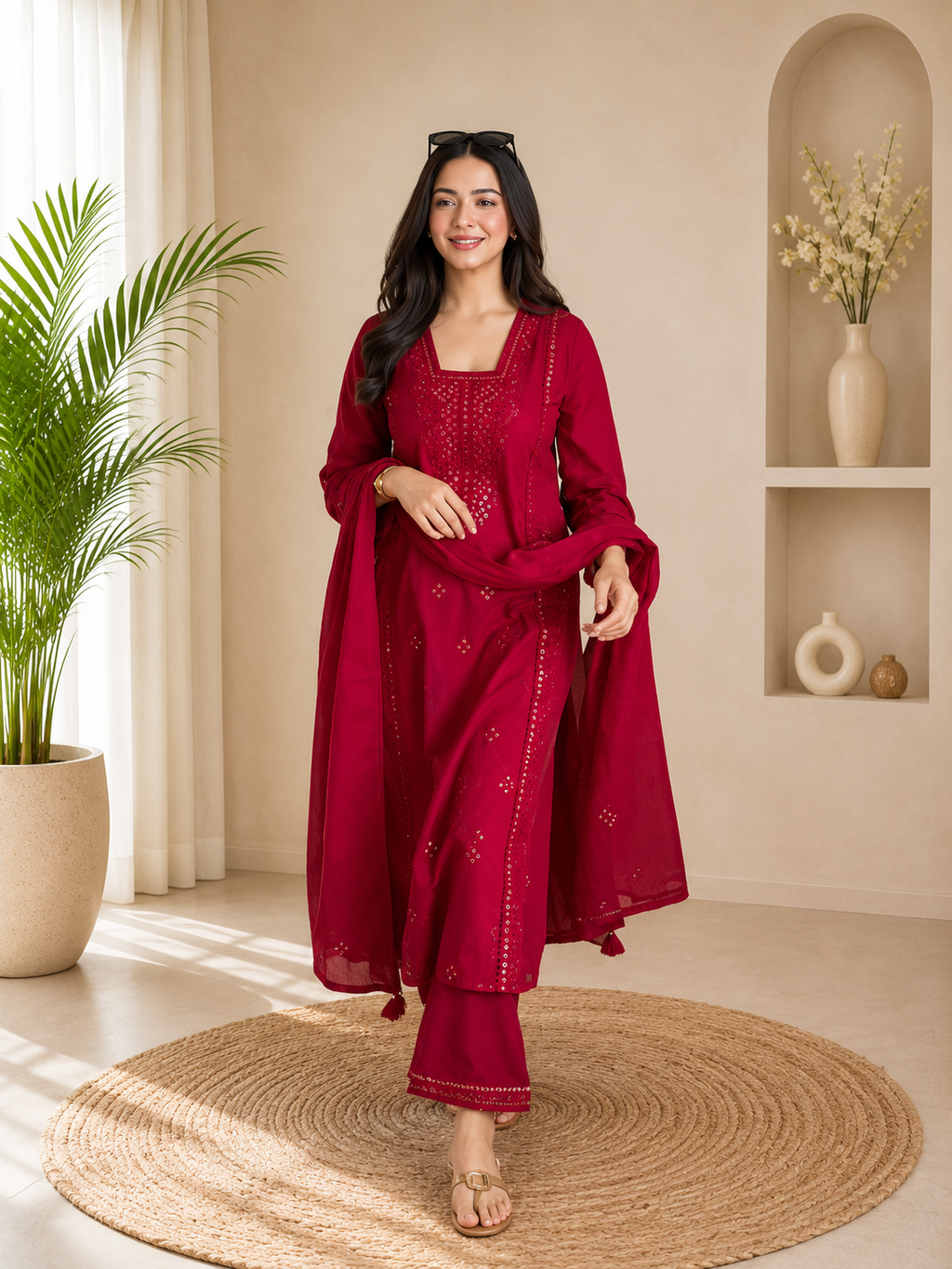Elegant Red Roman Silk Embroidered Suit Set