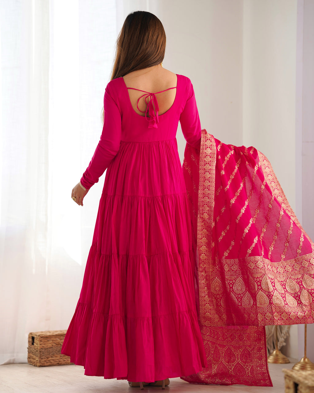 Pink Roman Silk Anarkali Suit Set with Woven Banarasi Dupatta
