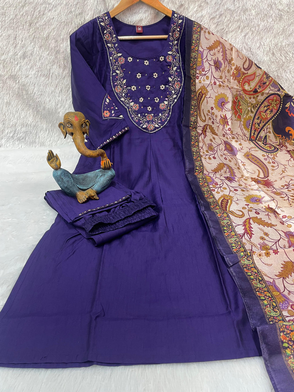 Attractive Navy Blue Premium Marina Silk Embroidered Kurti Pant Dupatta Set
