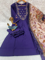 Attractive Navy Blue Premium Marina Silk Embroidered Kurti Pant Dupatta Set