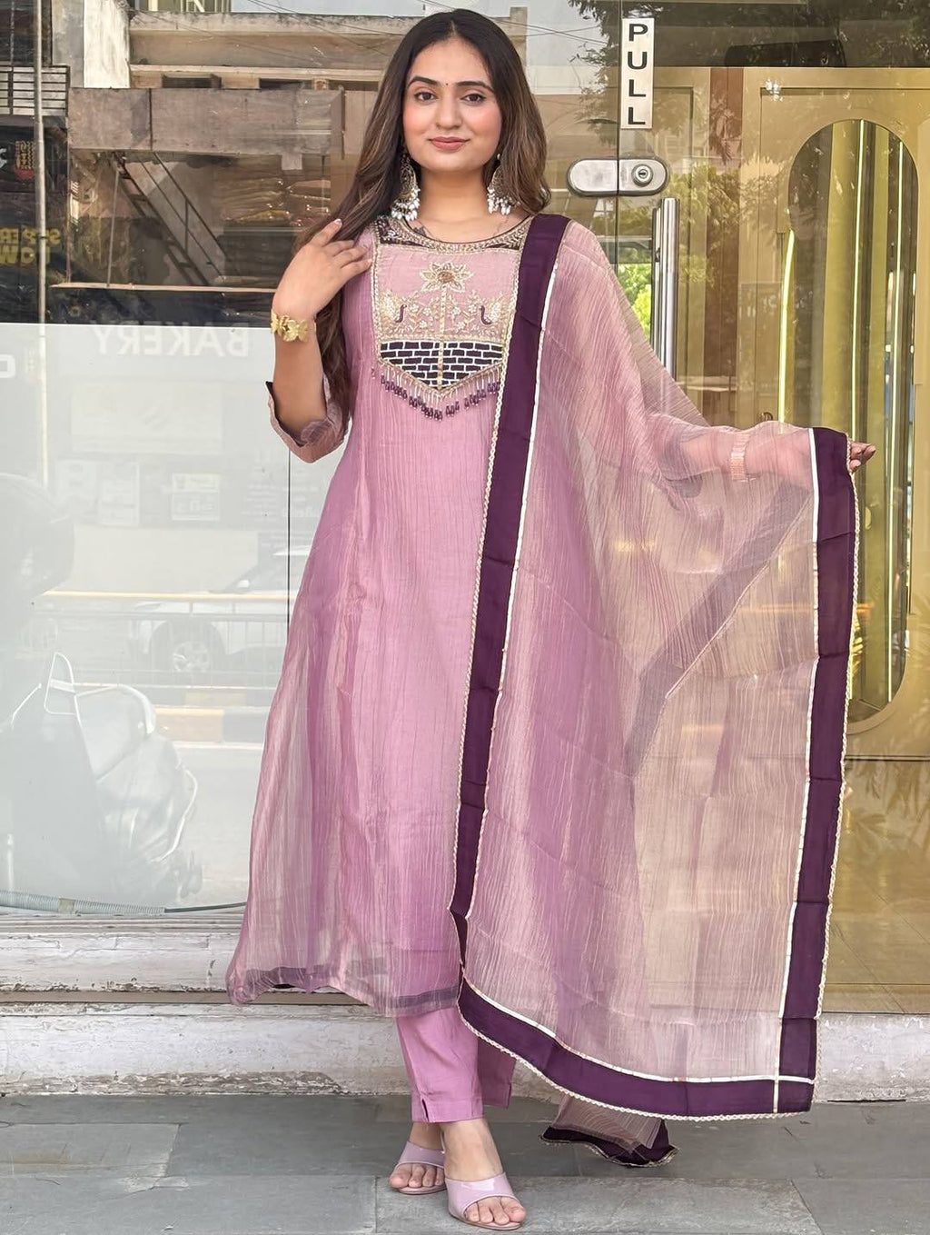 Very Beautiful Pure Salsa Silk Embroidered A-Line Anarkali Suit Set