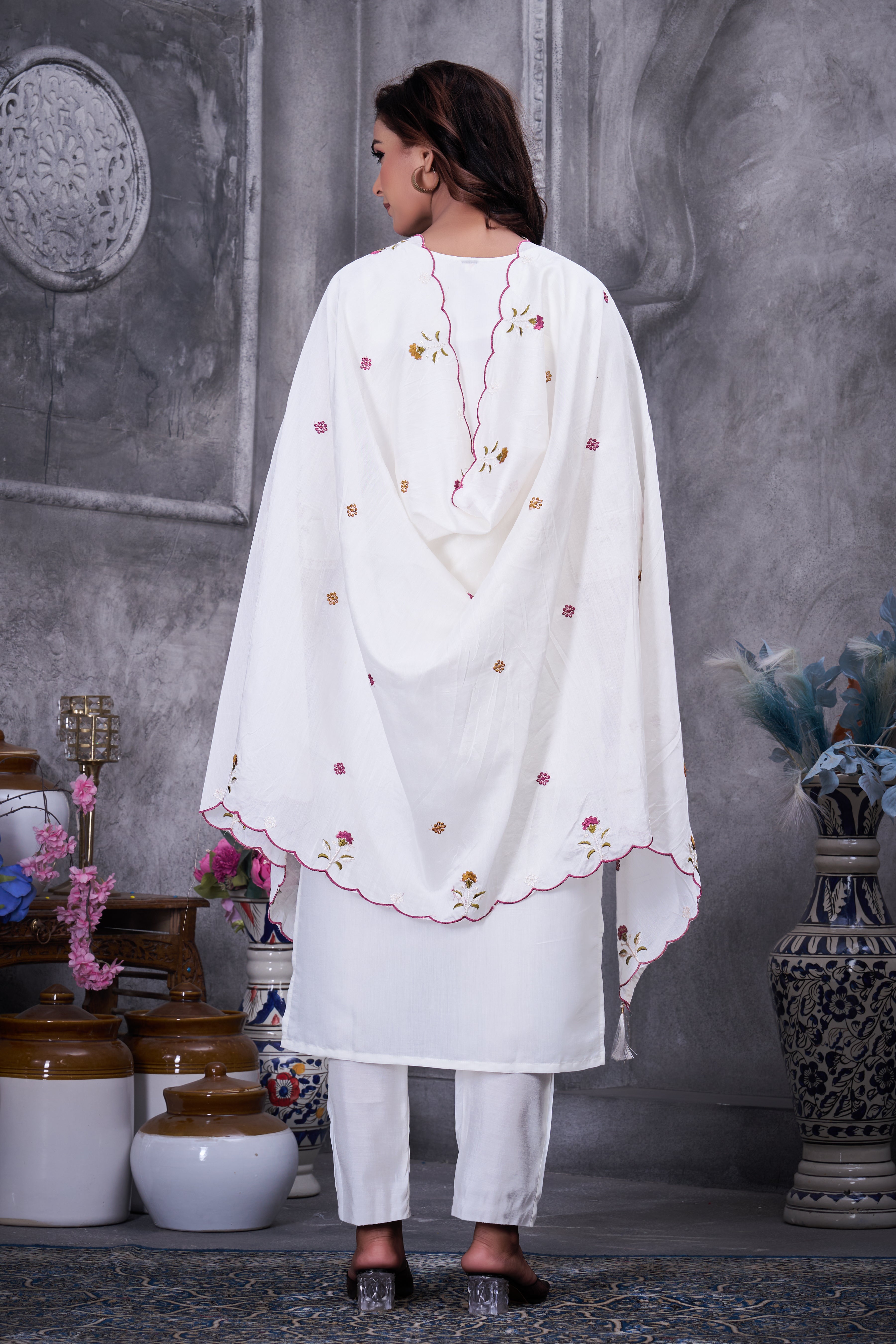 Luxury Roman Silk Floral Embroidered Dress with Dupatta