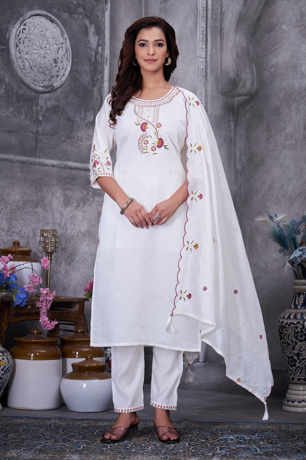 Luxury Roman Silk Floral Embroidered Dress with Dupatta