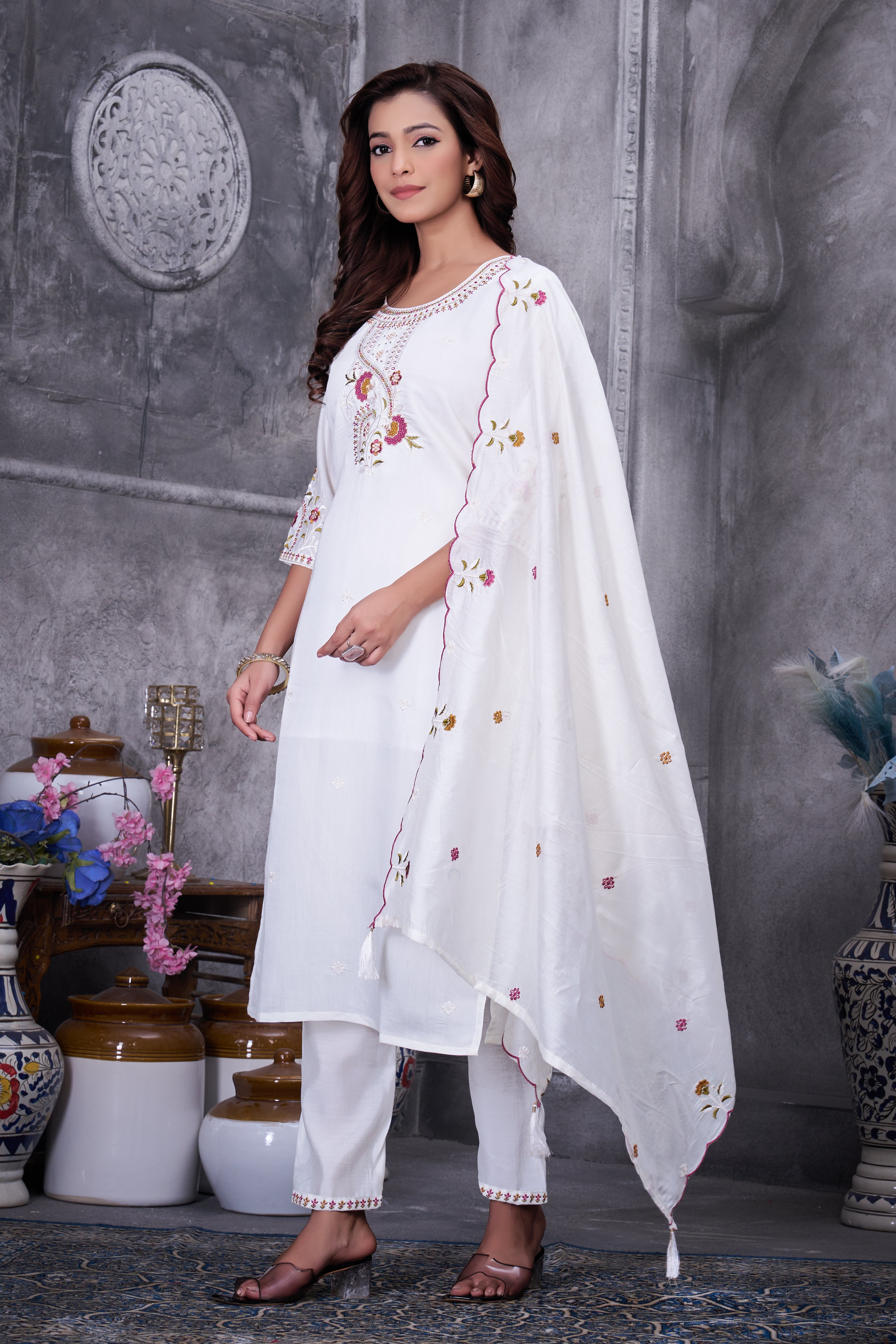 Luxury Roman Silk Floral Embroidered Dress with Dupatta