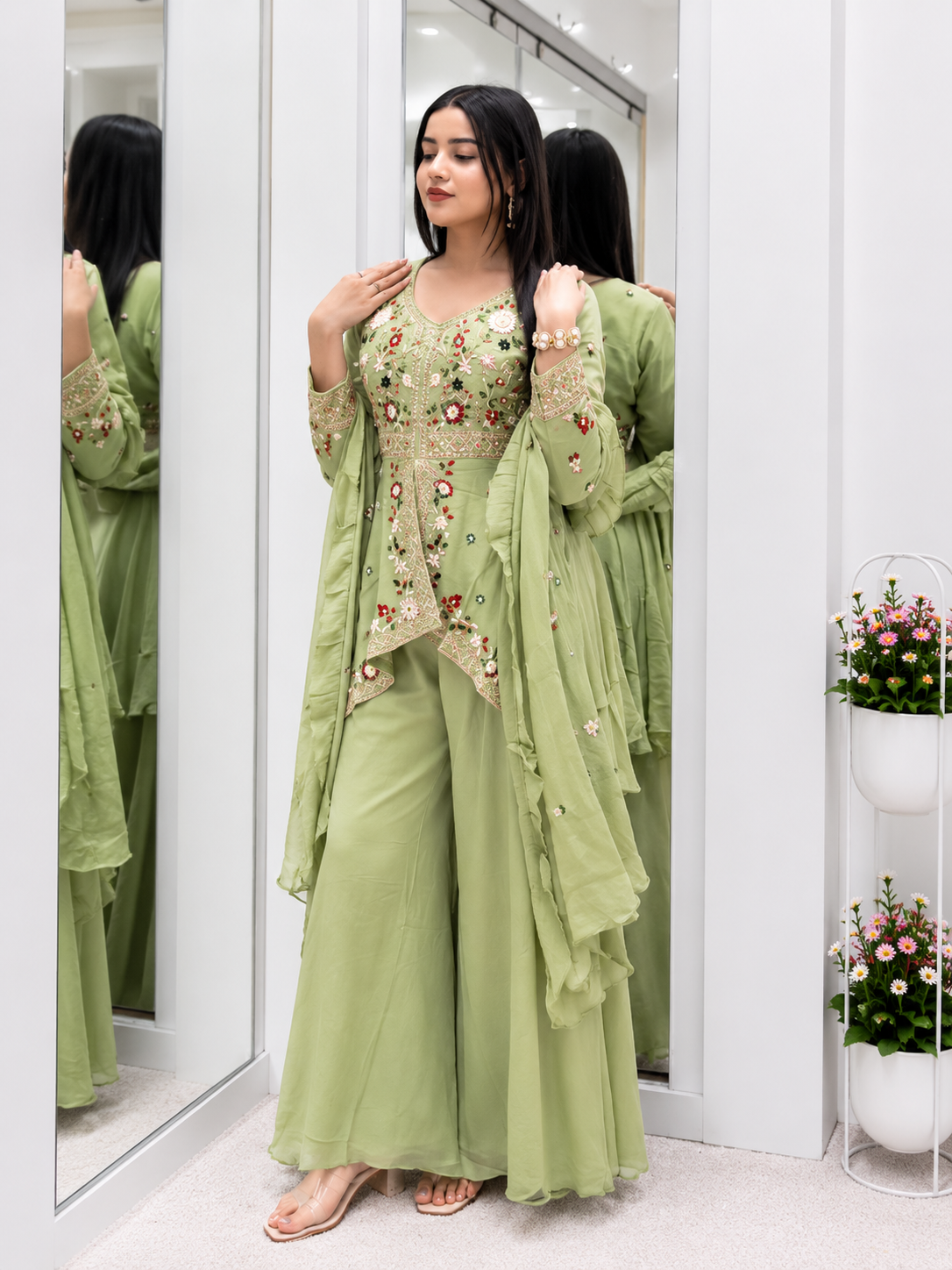 Very Attractive Teal Green Rangoli Silk Embroidered Suit Set