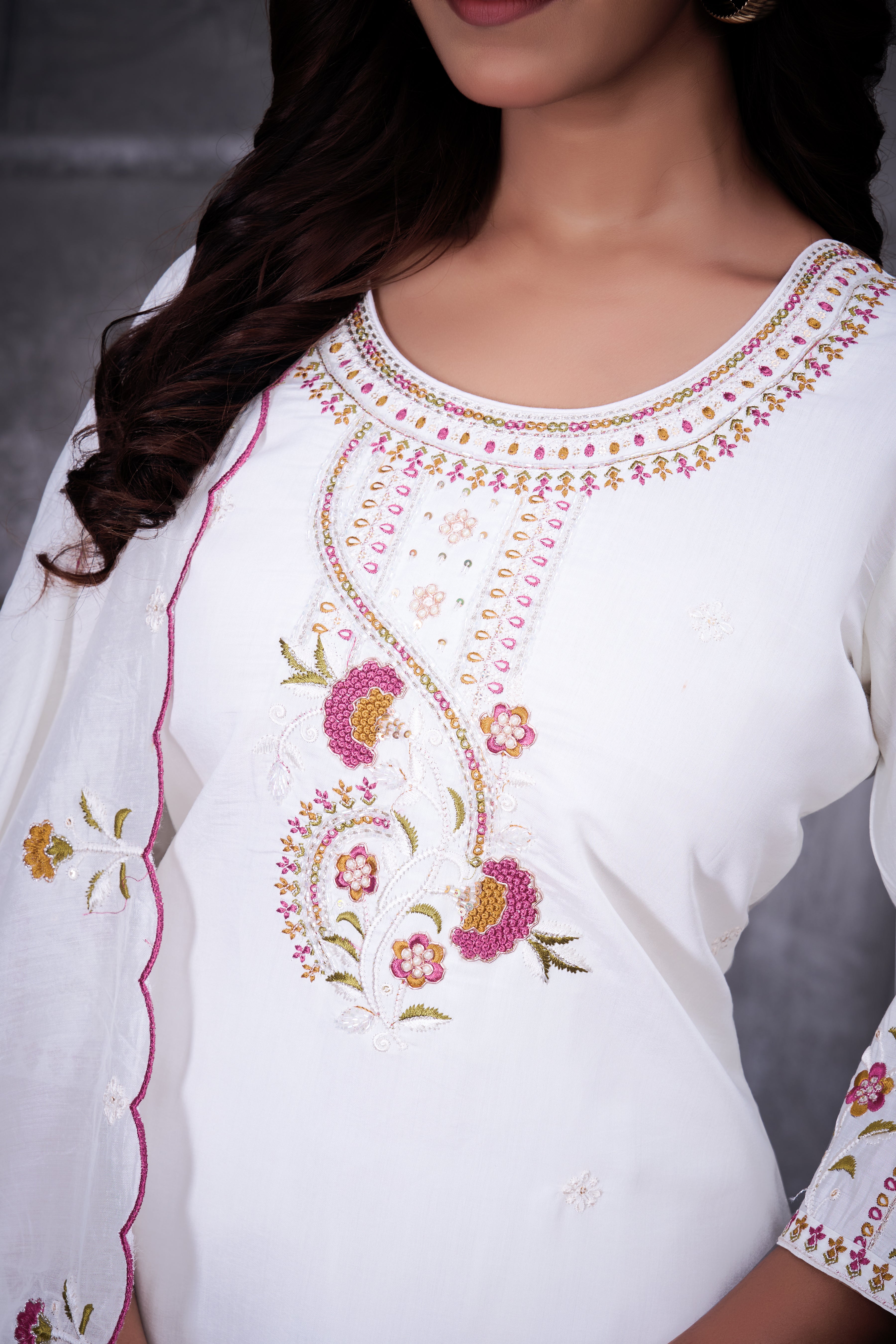 Luxury Roman Silk Floral Embroidered Dress with Dupatta