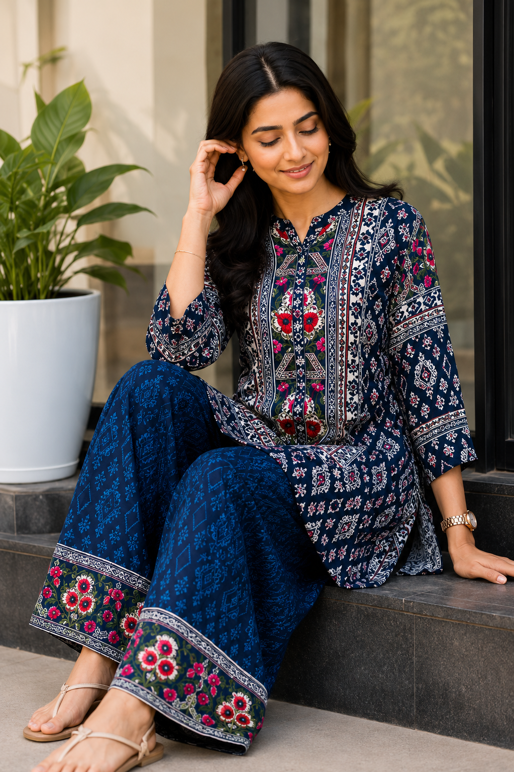 Woman's Ethnic Blue Printed Natural Crepe Co-Ord Set
