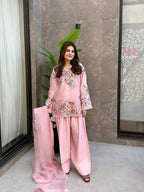Beautiful Modern Pink Embroidered Crape Silk Suit Set with Organza Dupatta