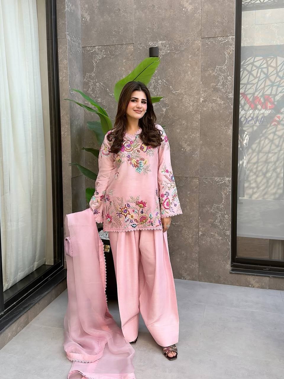 Beautiful Modern Pink Embroidered Crape Silk Suit Set with Organza Dupatta