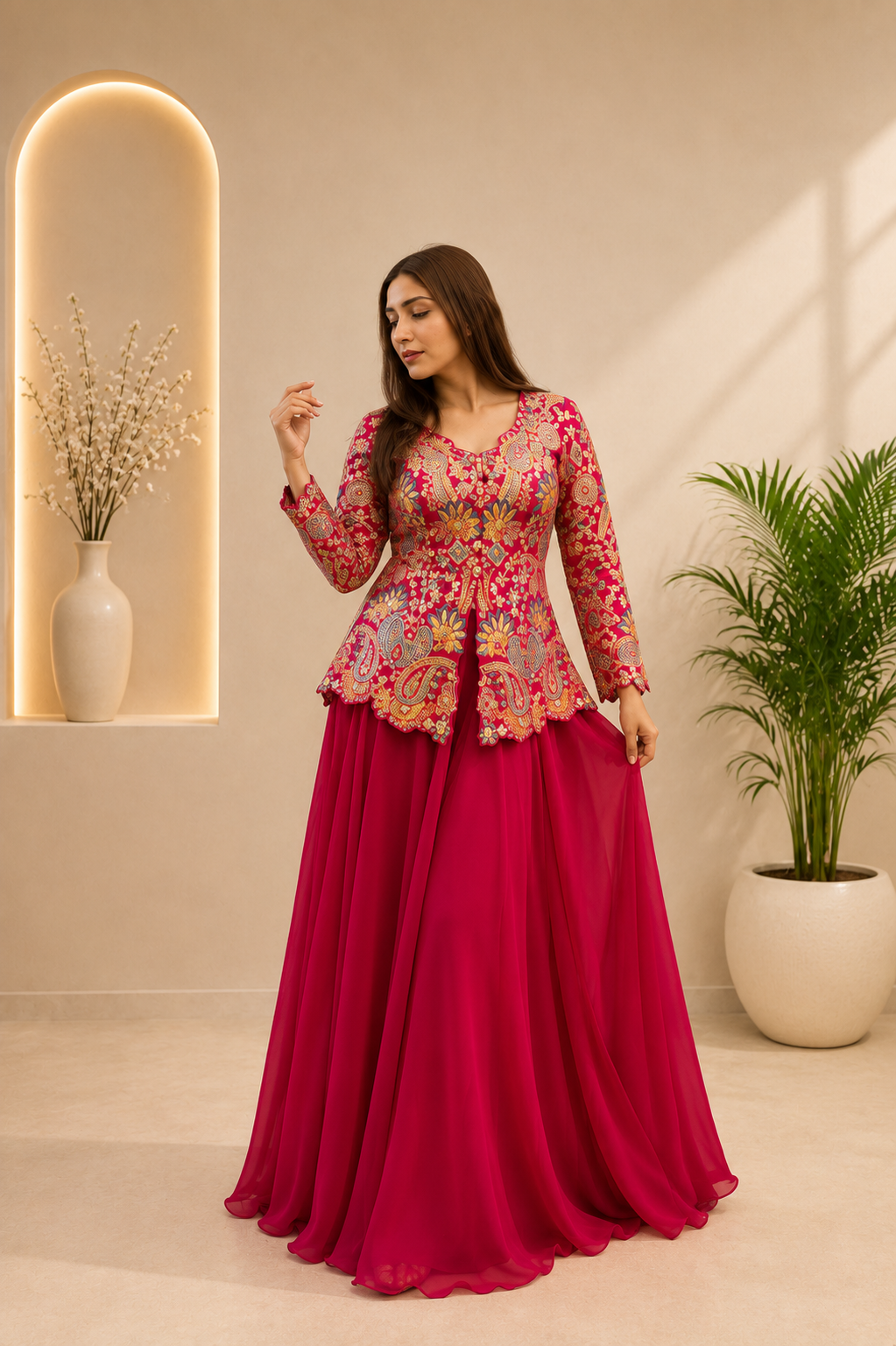 Festive Designer Rani Pink Georgette Indo-Western Set