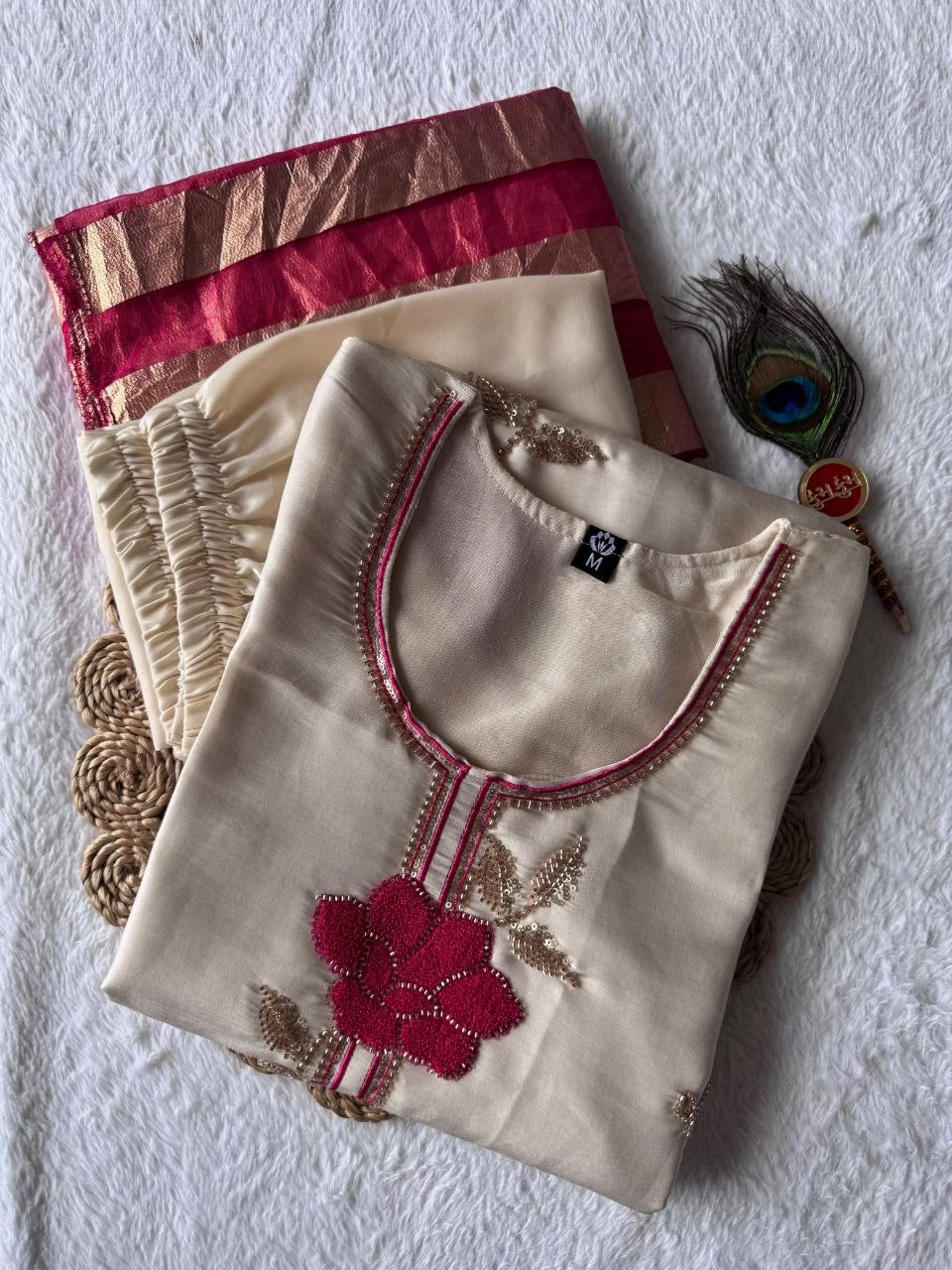 Elegant Beige Premium Roman Silk Beads Embroidered Suit Set
