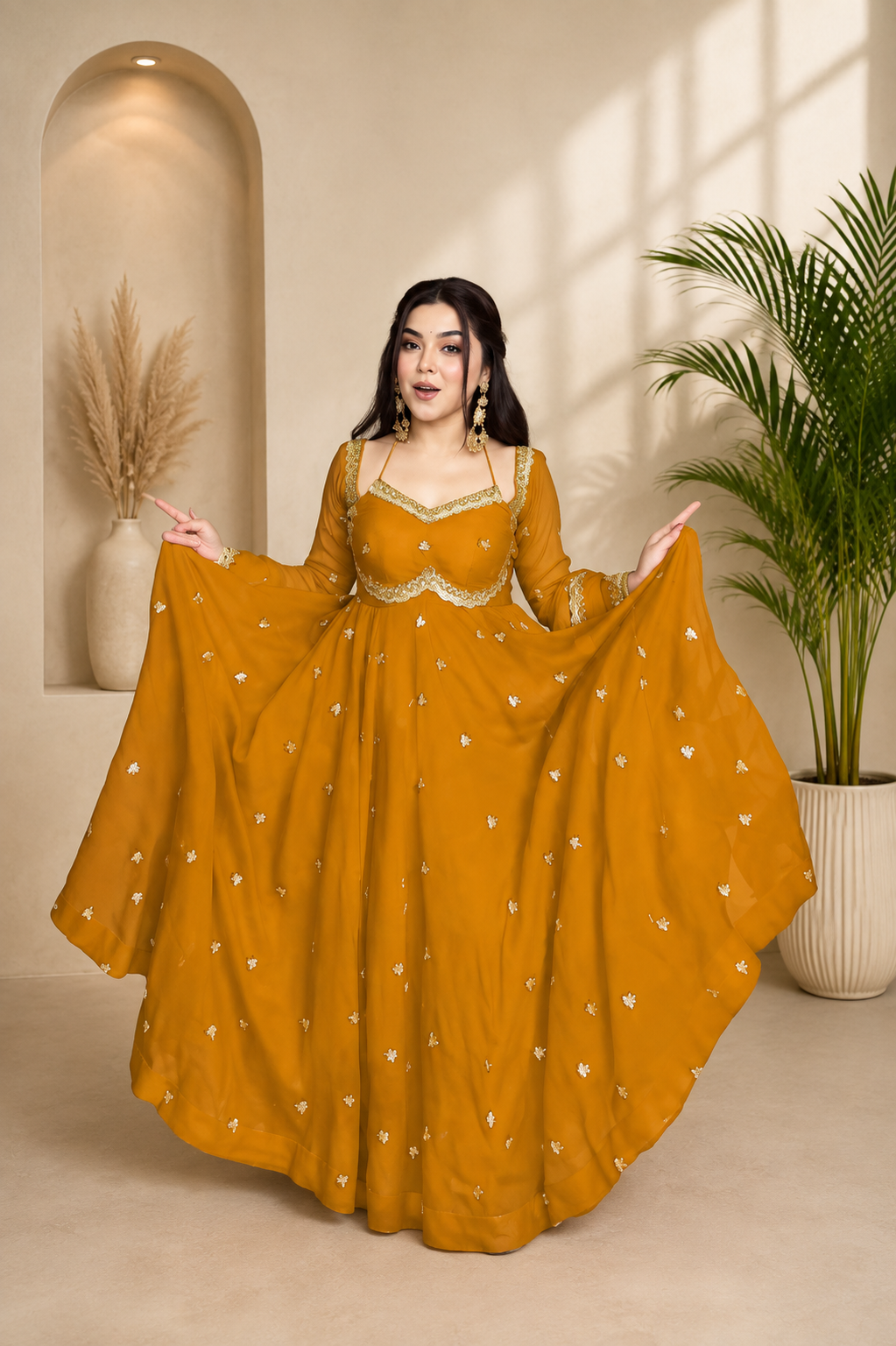 Neha Elegant Mustard Yellow Faux Georgette Anarkali Suit Set