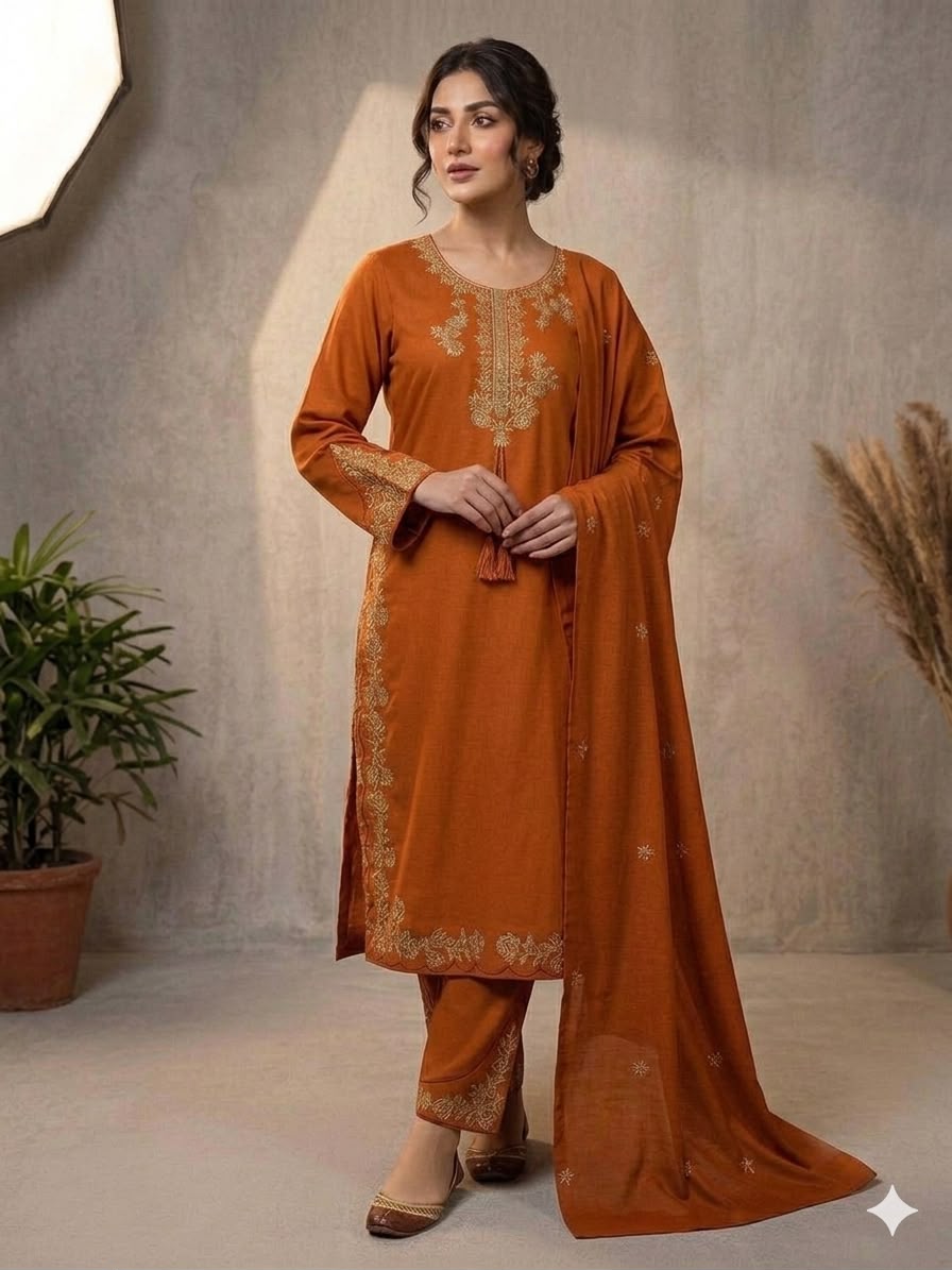 Elegant Orange Embroidered Roman Silk Suit Set with Dupatta