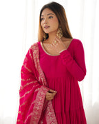 Pink Roman Silk Anarkali Suit Set with Woven Banarasi Dupatta