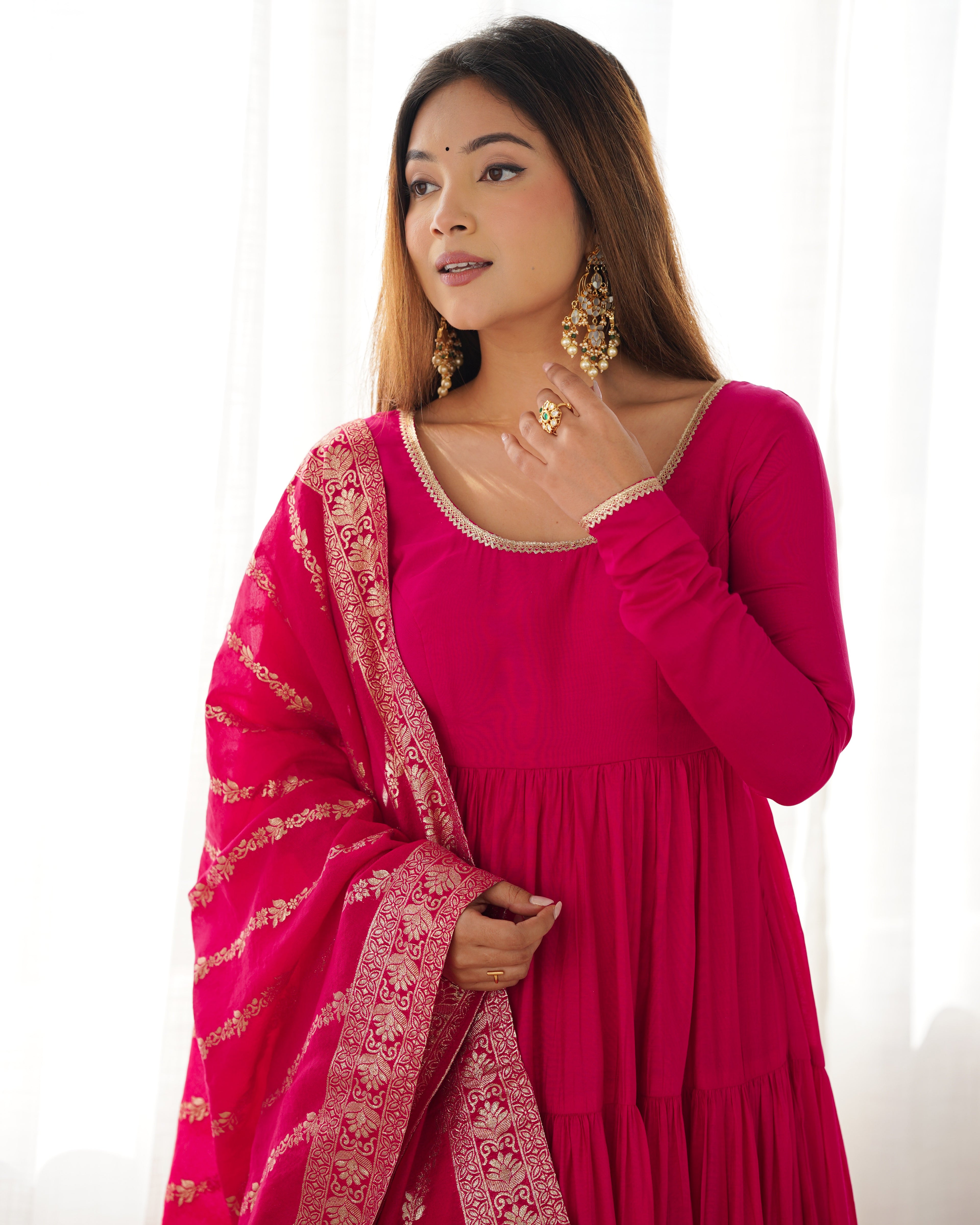 Pink Roman Silk Anarkali Suit Set with Woven Banarasi Dupatta