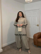 Elegant Sage Grey Faux Georgette Embroidered Suit Set with Dupatta