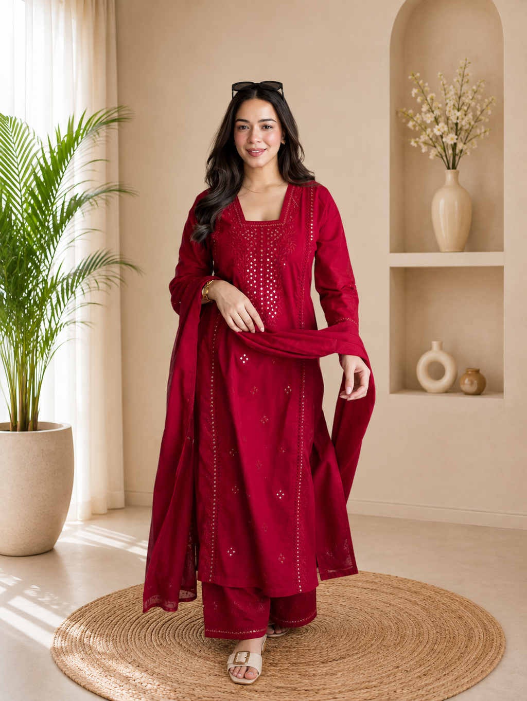 Elegant Red Roman Silk Embroidered Suit Set