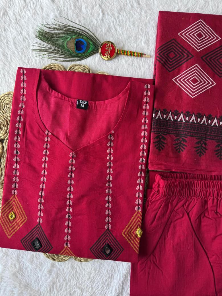Attractive Rani Pink Pure Cotton Ethnic Suit Set with Hand Block Print Work