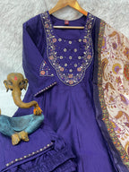 Attractive Navy Blue Premium Marina Silk Embroidered Kurti Pant Dupatta Set