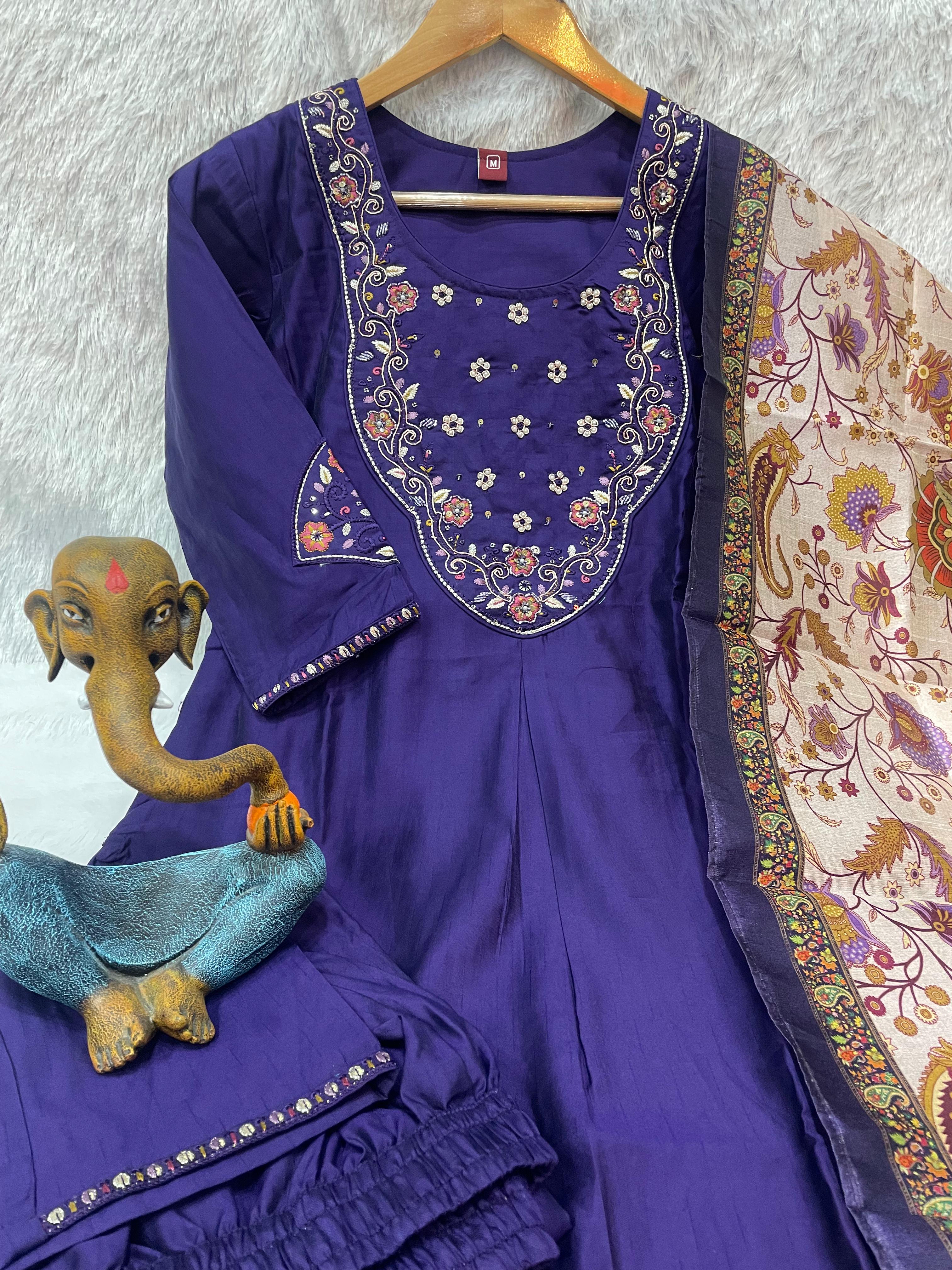 Attractive Navy Blue Premium Marina Silk Embroidered Kurti Pant Dupatta Set