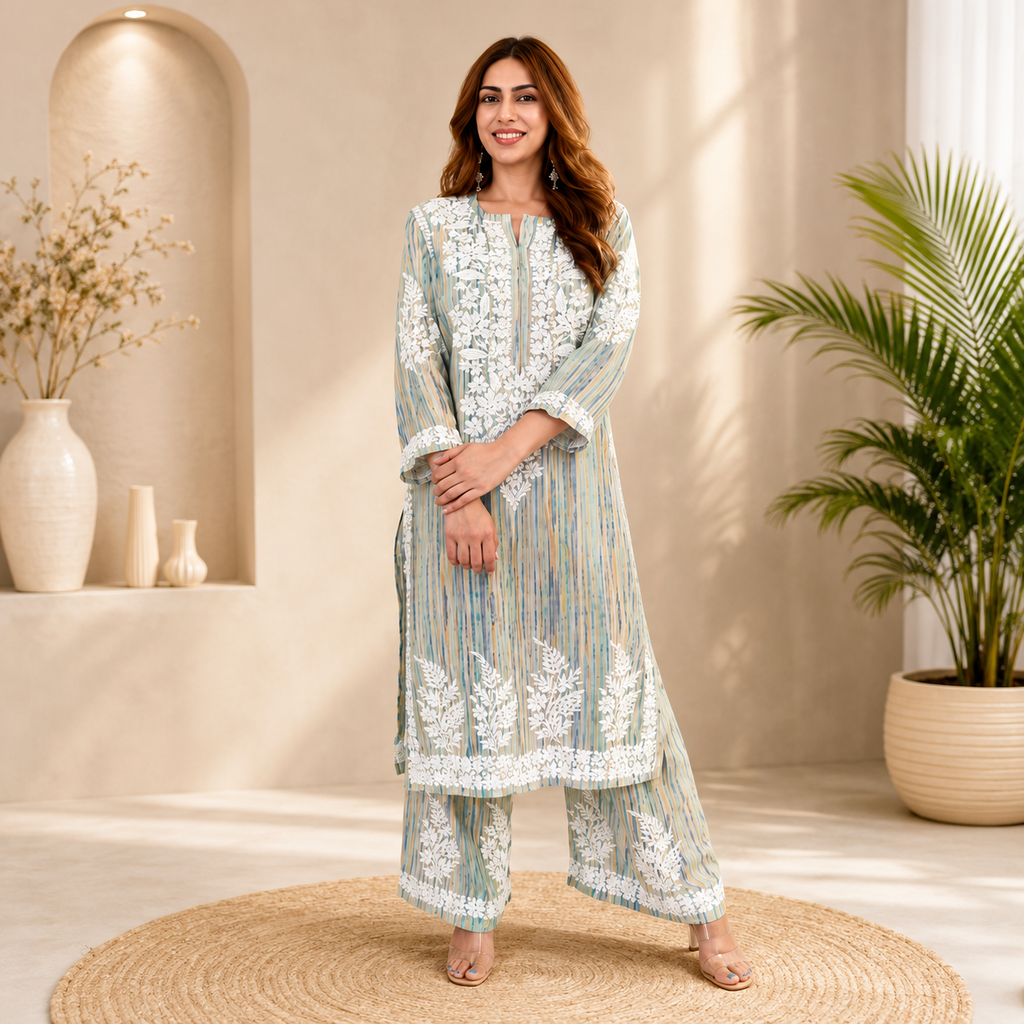 Very Attractive Multi Striped Rayon Embroidery Chikankari Suit Set
