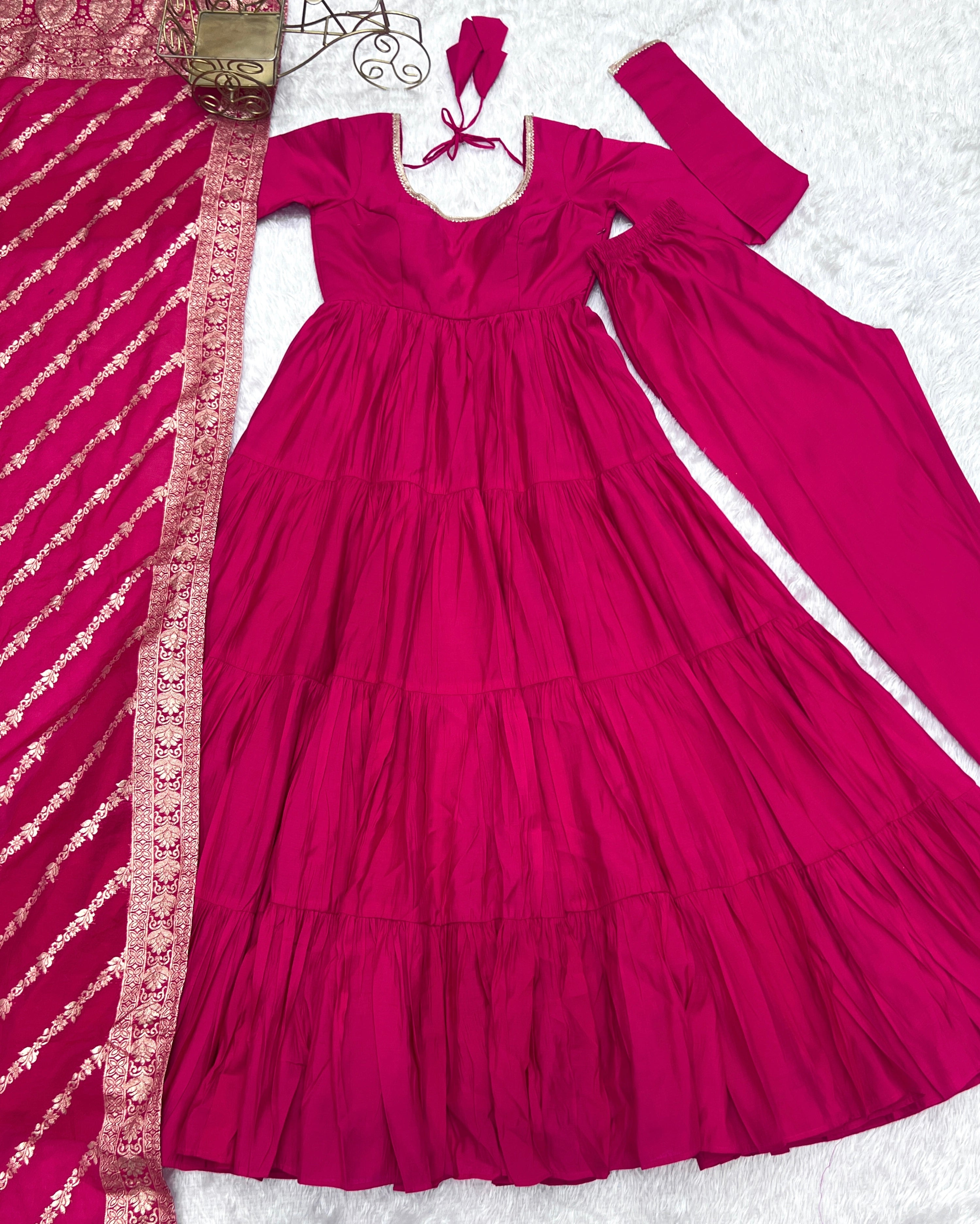 Pink Roman Silk Anarkali Suit Set with Woven Banarasi Dupatta