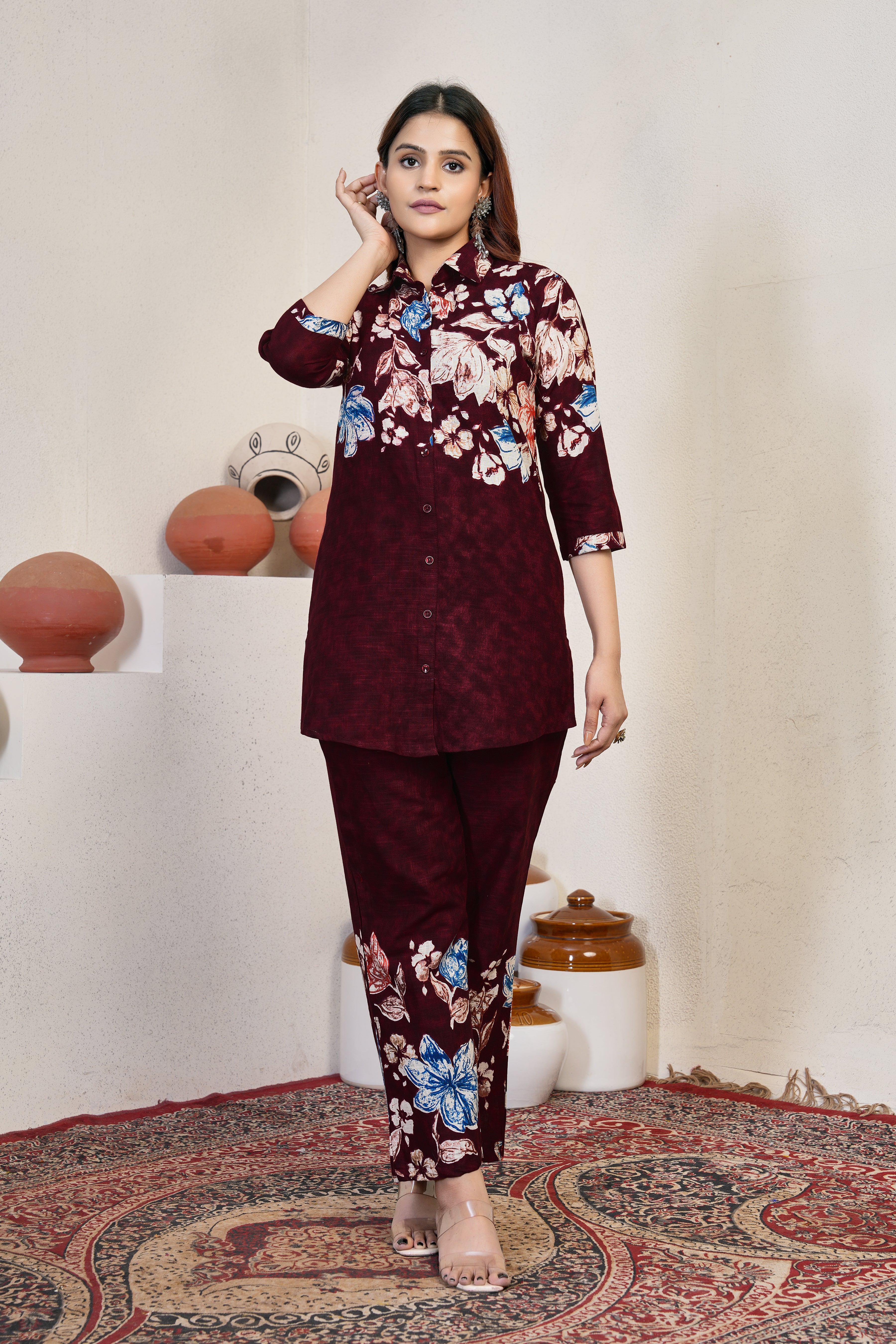 Premium Maroon Pure Cotton Printed Co-Ord Set