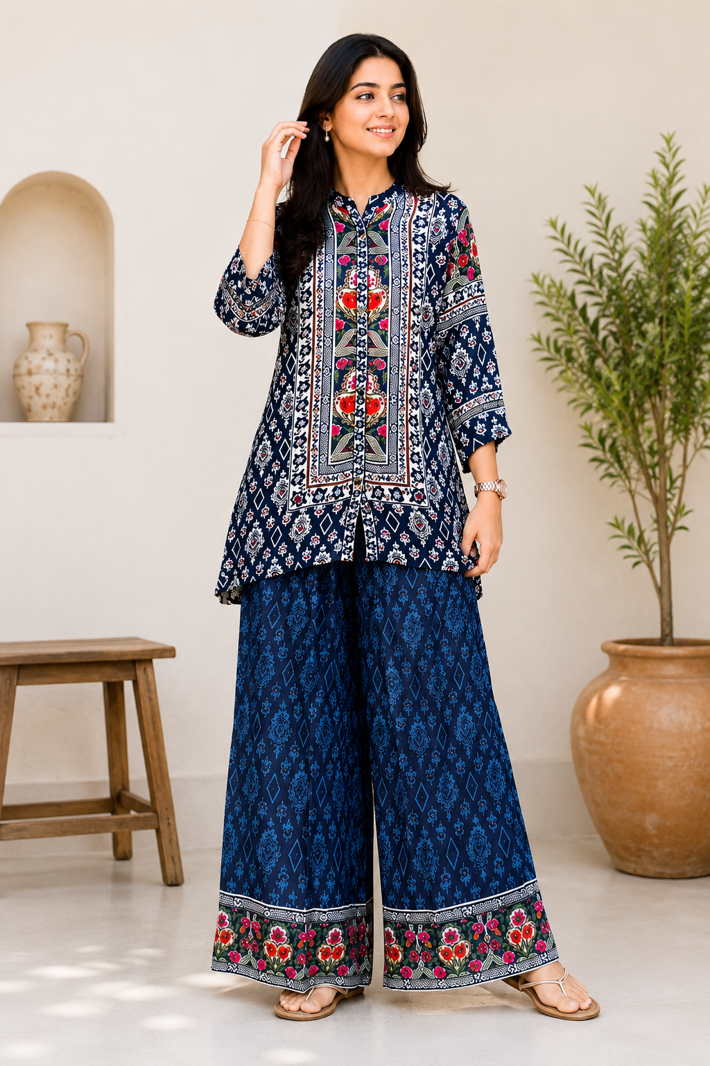 Woman's Ethnic Blue Printed Natural Crepe Co-Ord Set