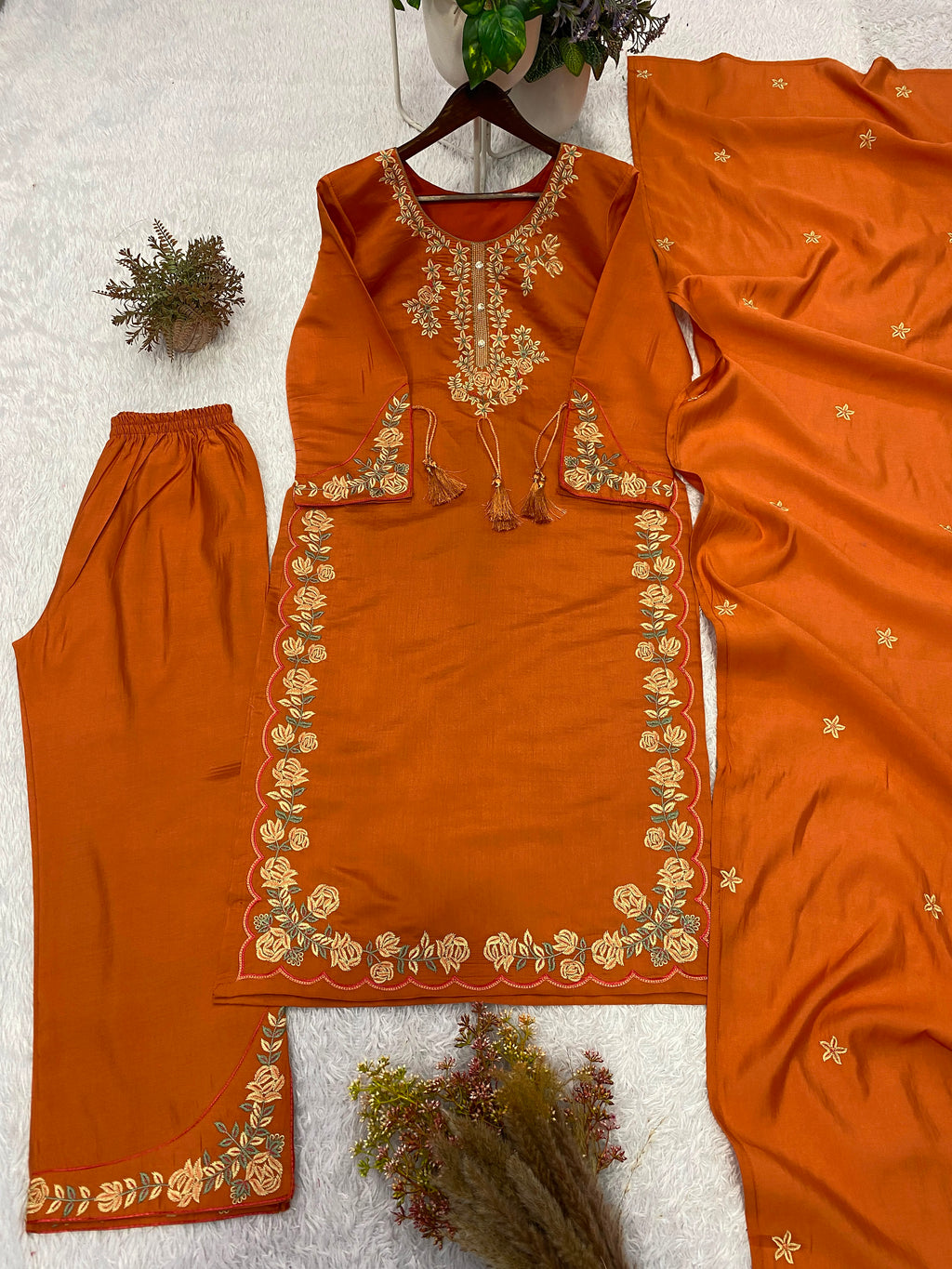 Elegant Orange Embroidered Roman Silk Suit Set with Dupatta