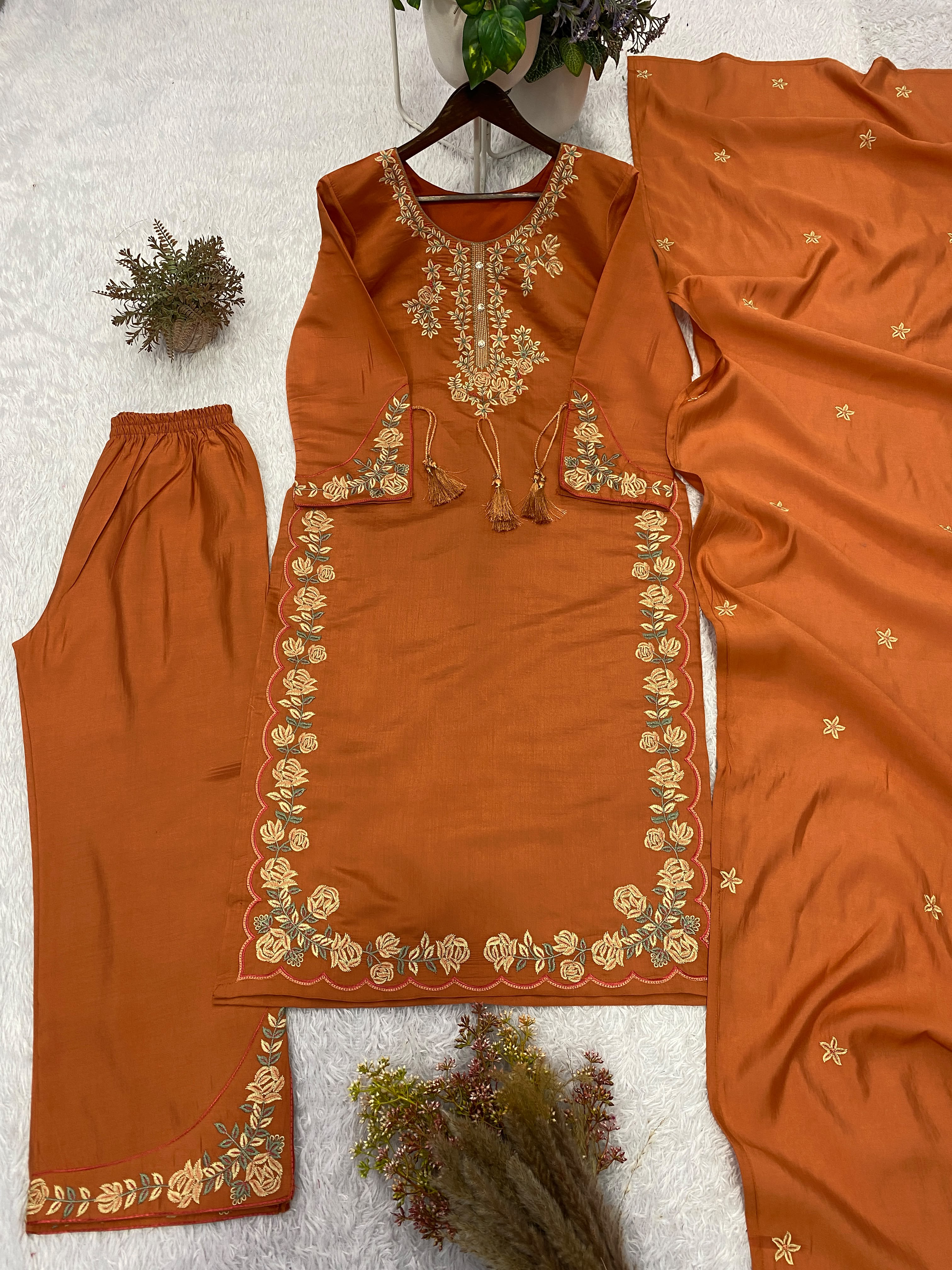 Elegant Orange Embroidered Roman Silk Suit Set with Dupatta