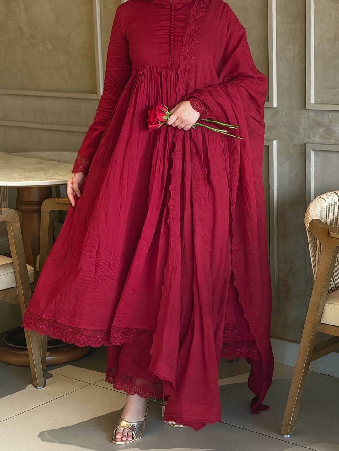 New Designer Party Wear Look Wine Red Anarkali Suit Set