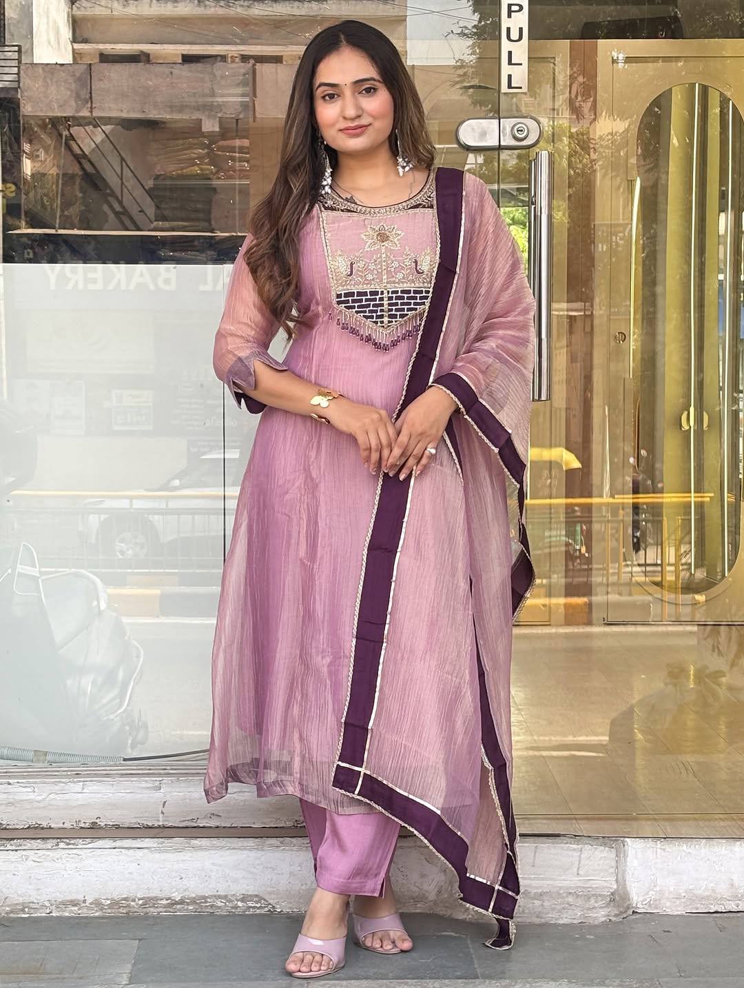 Very Beautiful Pure Salsa Silk Embroidered A-Line Anarkali Suit Set